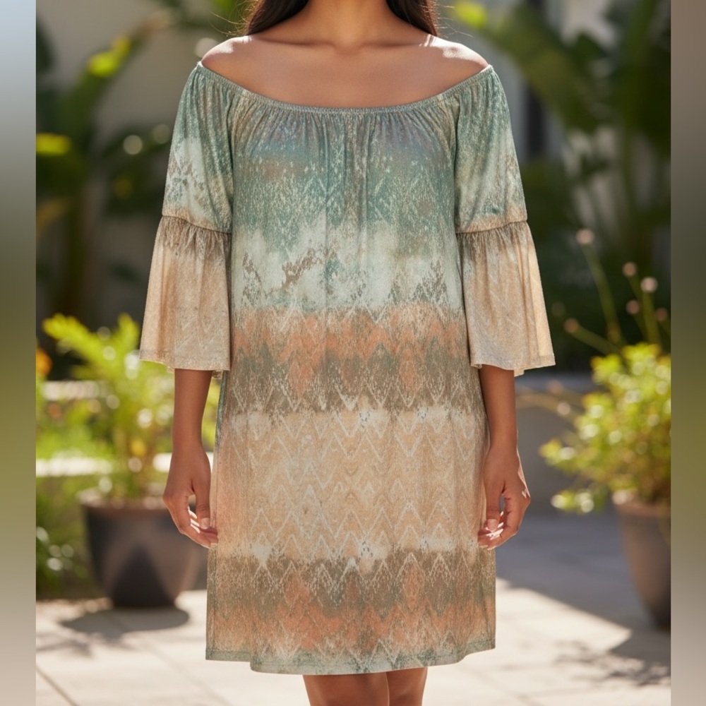 Ariat Bell Sleeve Southwestern Scoop Neck Shift Dress - Picture 2 of 12